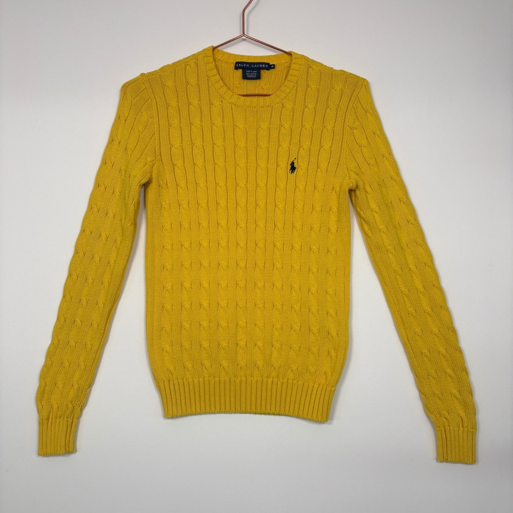 Ralph Lauren Women Sweater M Yellow Cable Knit Cotton Pony Crew Neck Fisherman